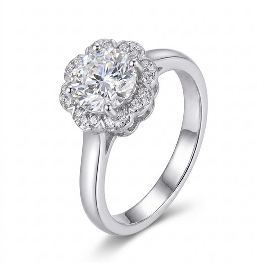 Halo Moissanite Engagement Ring, Silver Band 1 & 2 Carat Options