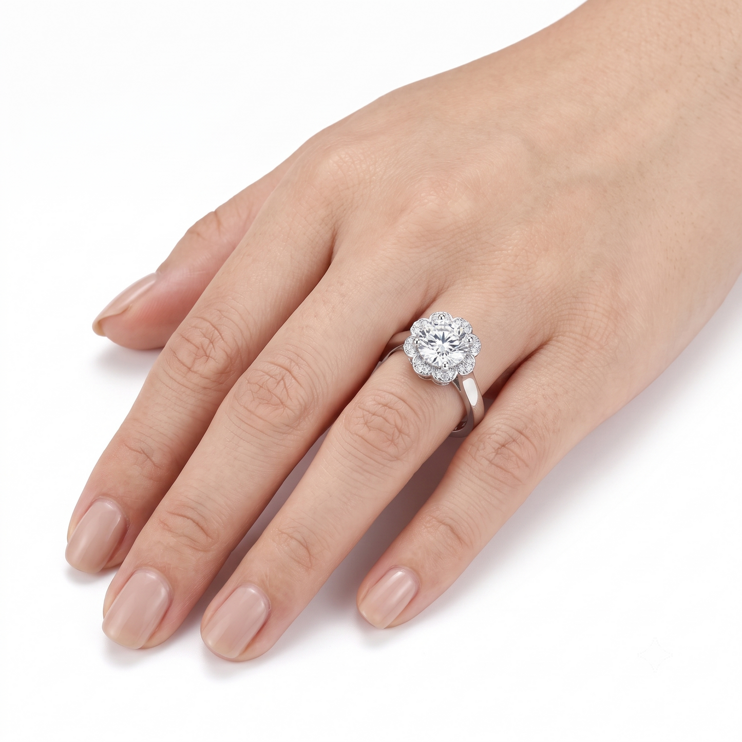 Halo Moissanite Engagement Ring, Silver Band 1 & 2 Carat Options