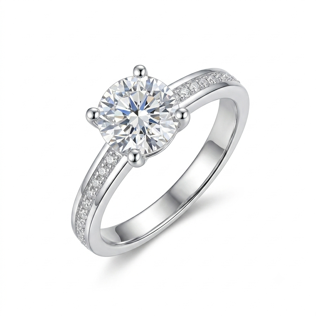 Moissanite Ring Platinum Plated Silver 1ct - 2ct Center Stone Options