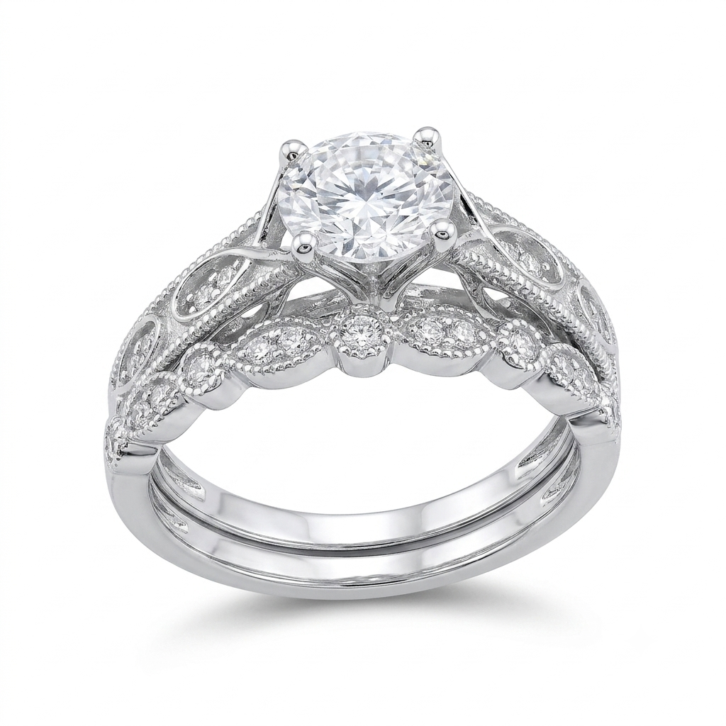 Silver or Gold Filigree Milgrain Moissanite Bridal Set 1ct