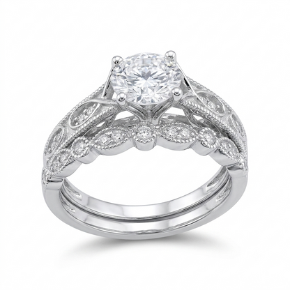 Silver or Gold Filigree Milgrain Moissanite Bridal Set 1ct