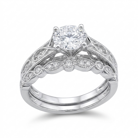 Silver or Gold Filigree Milgrain Moissanite Bridal Set 1ct