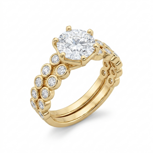 Silver or Gold Wedding Bridal Set With Bezel Set Side Stone 2ct