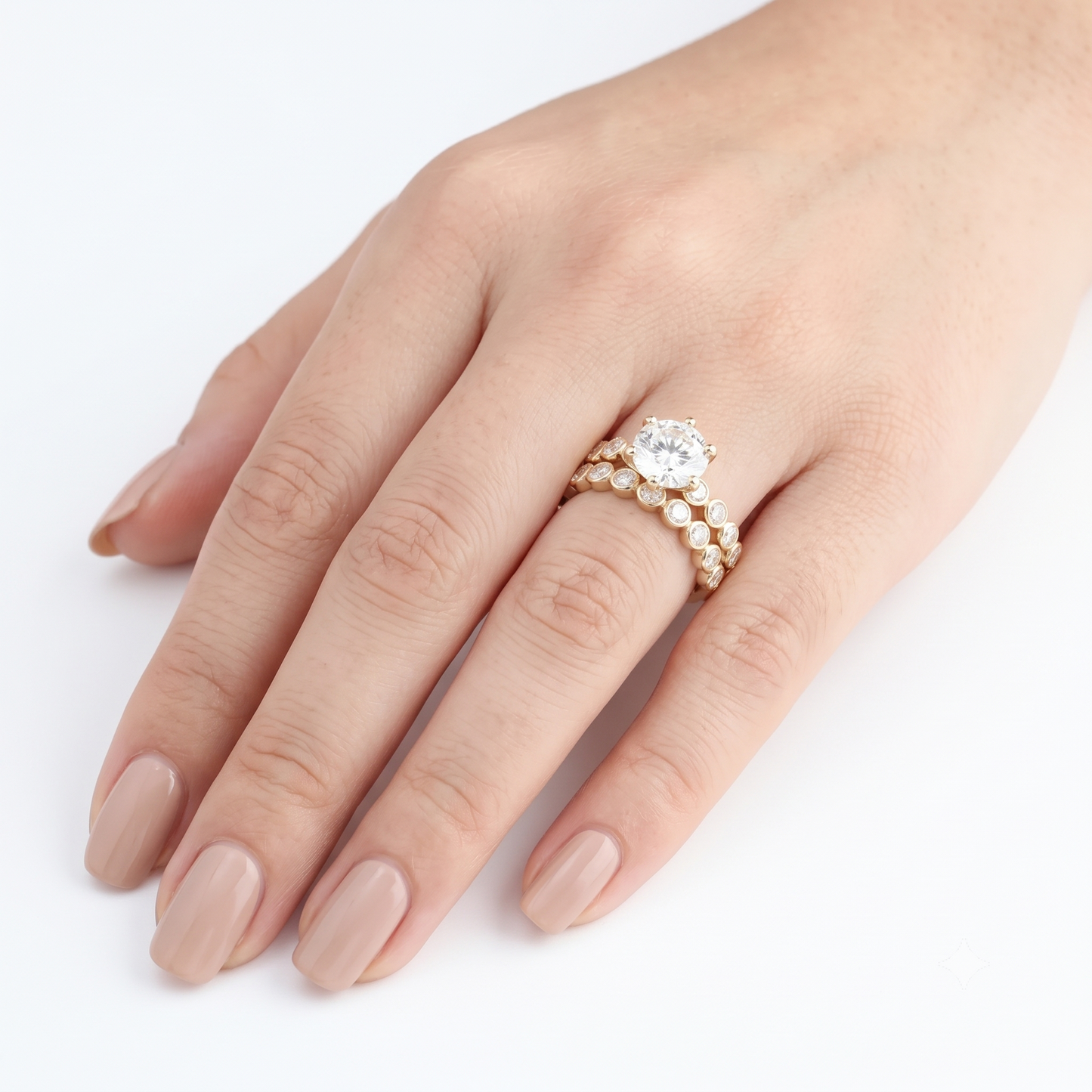 Silver or Gold Wedding Bridal Set With Bezel Set Side Stone 2ct