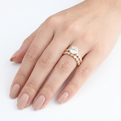 Silver or Gold Wedding Bridal Set With Bezel Set Side Stone 2ct