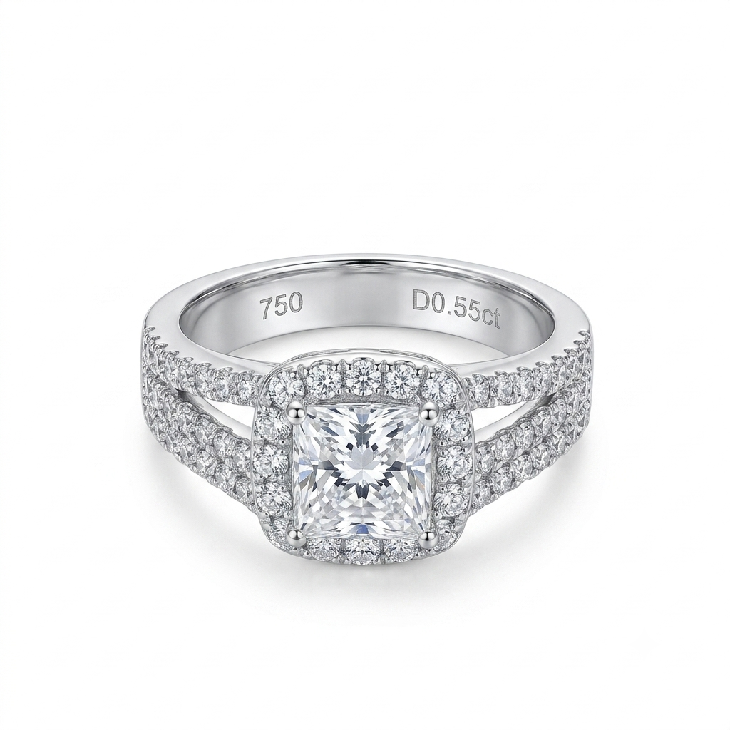PLATINUM PLATED SILVER THROUGH THICK AND THIN RING W/ 1CT SQUARE HALO CUT MOISSANITE AND POETRY CARD