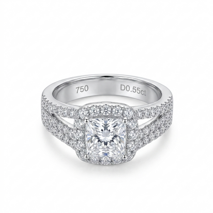 PLATINUM PLATED SILVER THROUGH THICK AND THIN RING W/ 1CT SQUARE HALO CUT MOISSANITE AND POETRY CARD