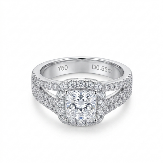 PLATINUM PLATED SILVER THROUGH THICK AND THIN RING W/ 1CT SQUARE HALO CUT MOISSANITE AND POETRY CARD