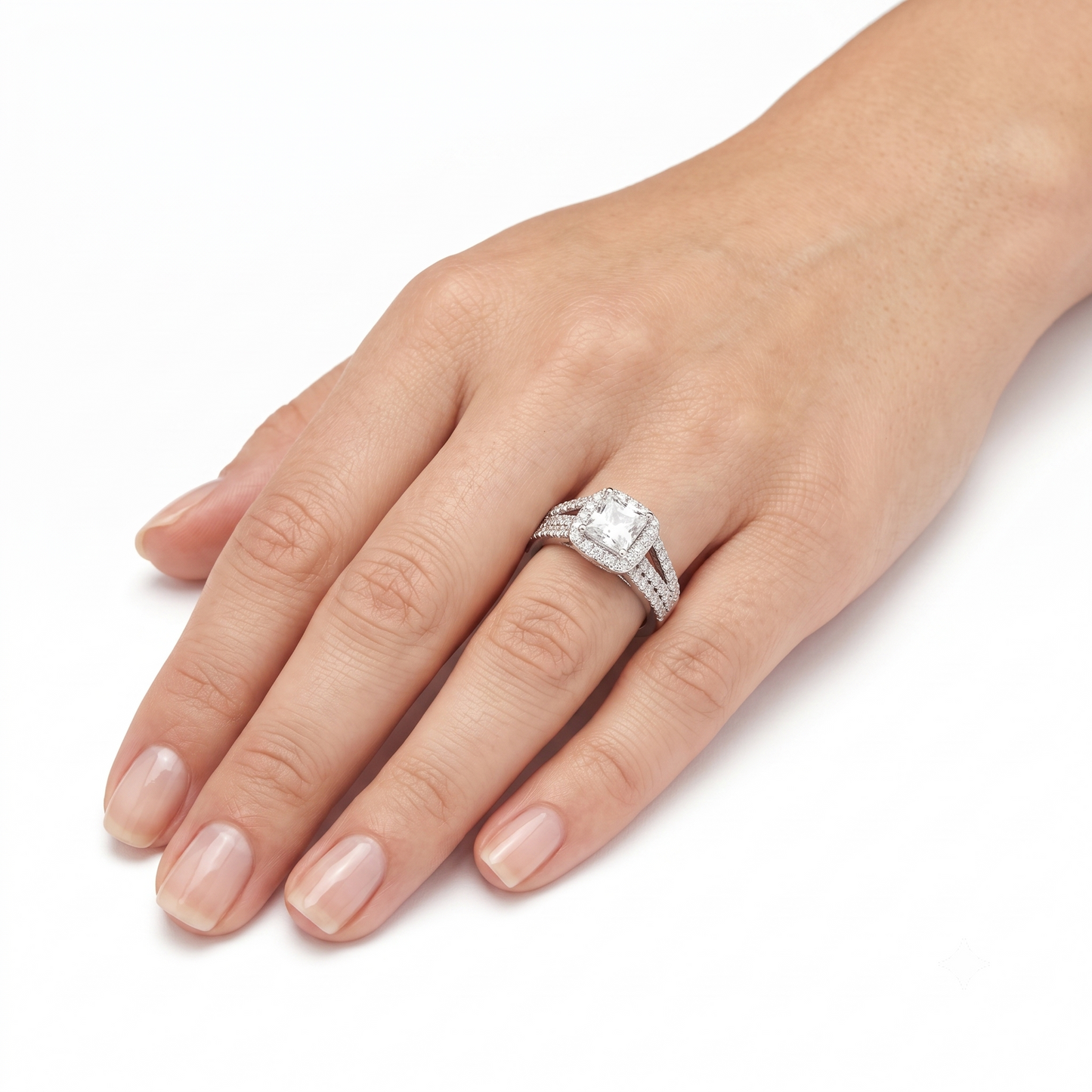 PLATINUM PLATED SILVER THROUGH THICK AND THIN RING W/ 1CT SQUARE HALO CUT MOISSANITE AND POETRY CARD
