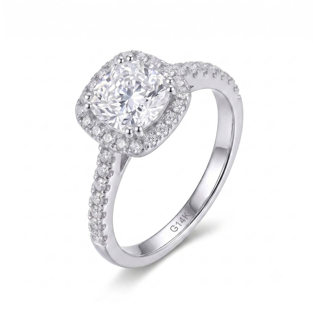 14k White Gold Oval Wedding Ring Halo Moissanite 1ct Center Stone