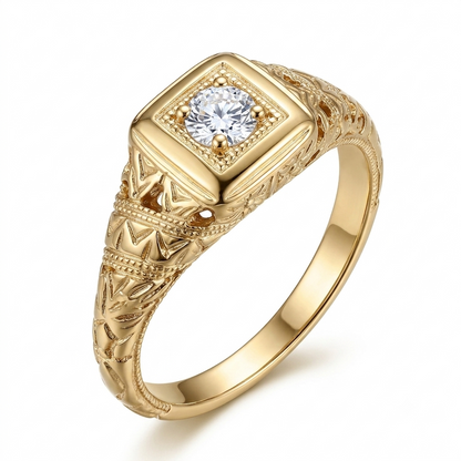 14k Yellow Gold Moissanite Wedding Band Vintage / Unique Ring 0.1ct
