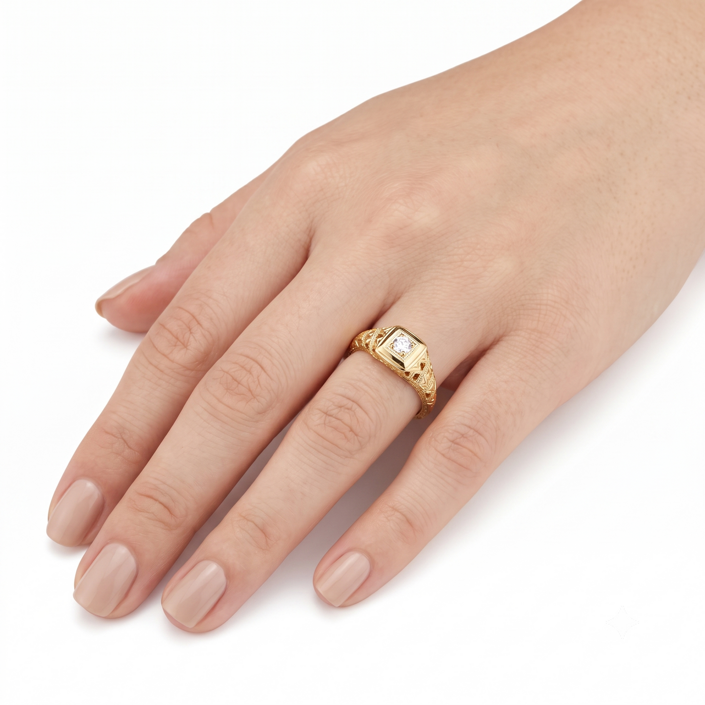 14k Yellow Gold Moissanite Wedding Band Vintage / Unique Ring 0.1ct