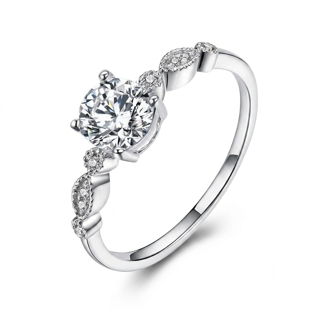 14k White Gold Moissanite Fantasy Ring 0.8ct Center Stone