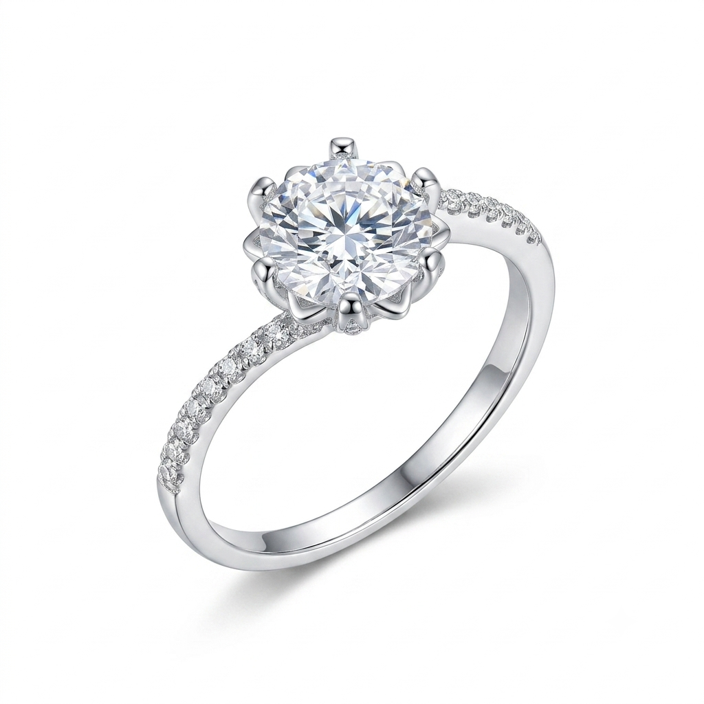 Platinum Plated Silver Moissanite Ring 1ct Center Stone