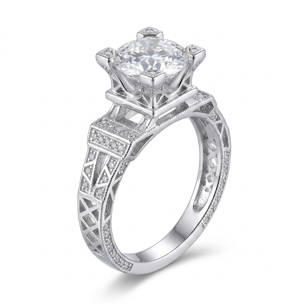 White Gold Plated Silver Vintage Moissanite Ring 1ct Center Stone / Nice Engagement Ring Brands