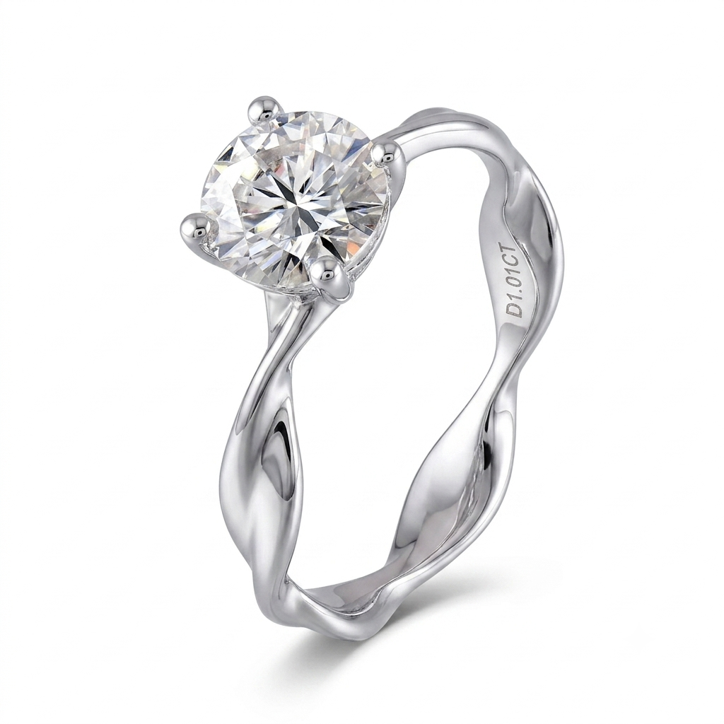 14k White Gold Twisted Band Ring Moissanite 1ct