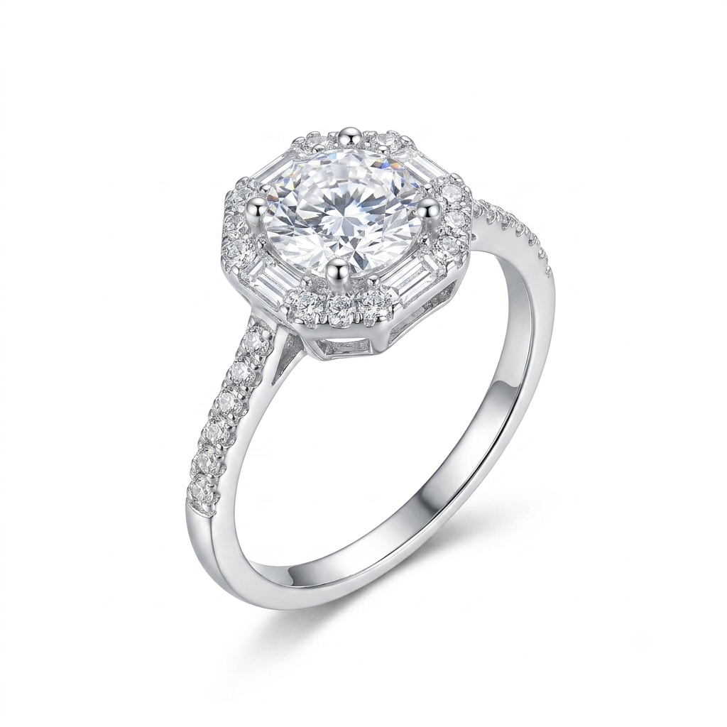 White Gold Plated Silver Halo Moissanite Trendy Engagement Ring 1ct Center Stone