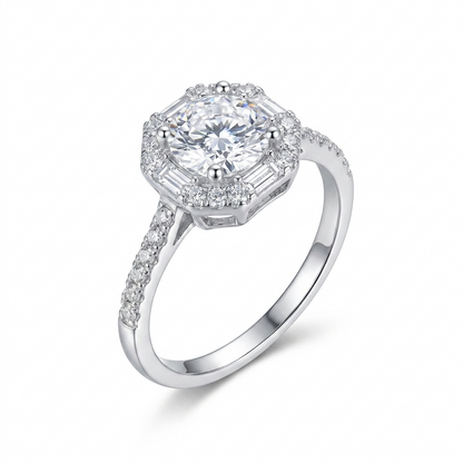 White Gold Plated Silver Halo Moissanite Trendy Engagement Ring 1ct Center Stone