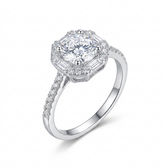 White Gold Plated Silver Halo Moissanite Trendy Engagement Ring 1ct Center Stone