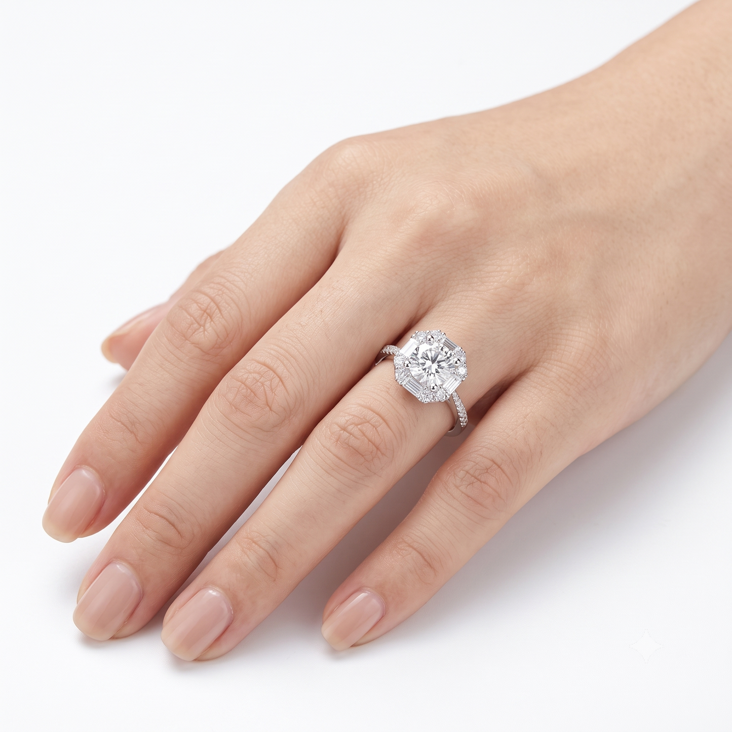 White Gold Plated Silver Halo Moissanite Trendy Engagement Ring 1ct Center Stone