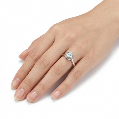 Platinum Plated Silver Halo Moissanite Ring 0.5ct or 1ct