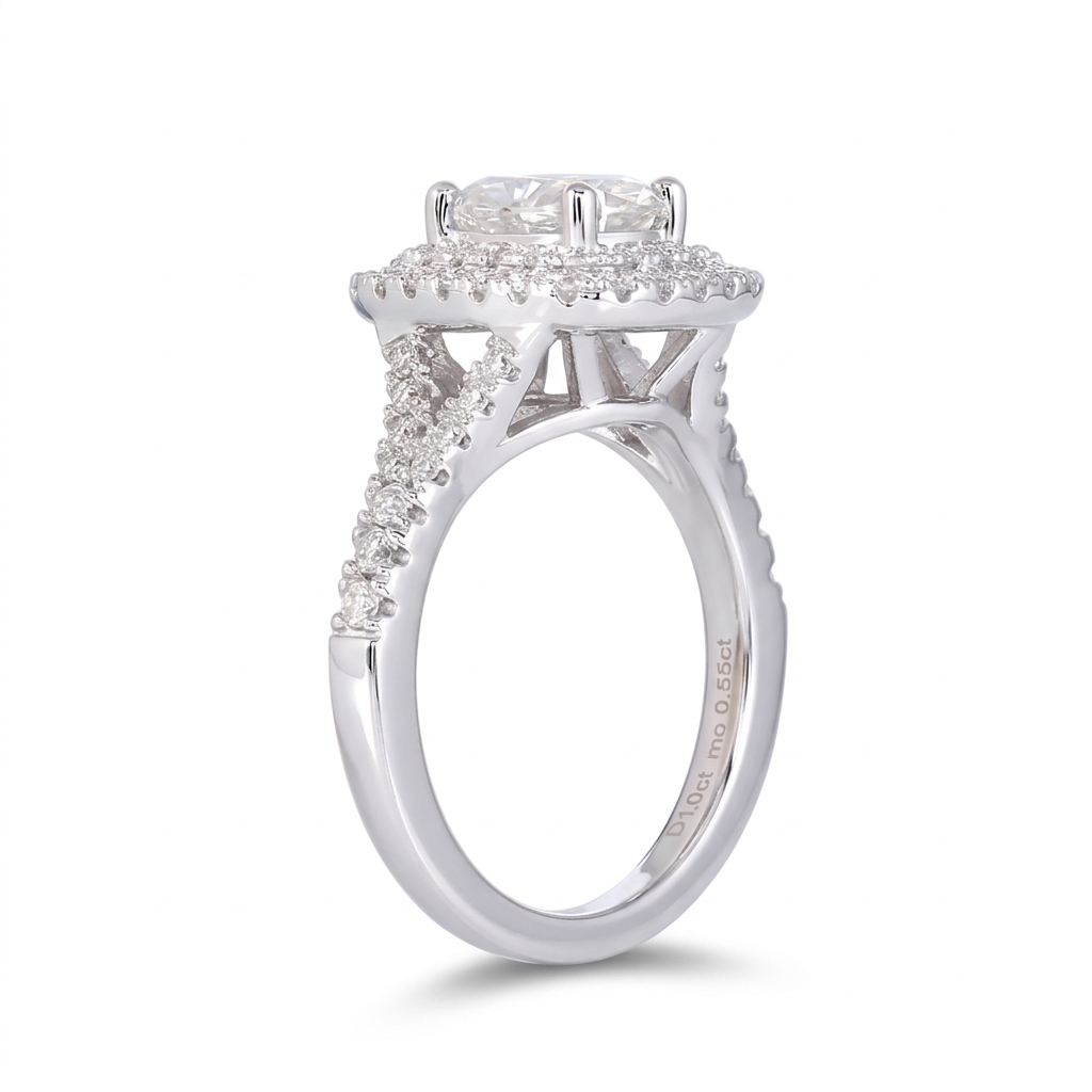 Platinum Plated Silver Moissanite Double Halo Ring 1ct Oval Cut