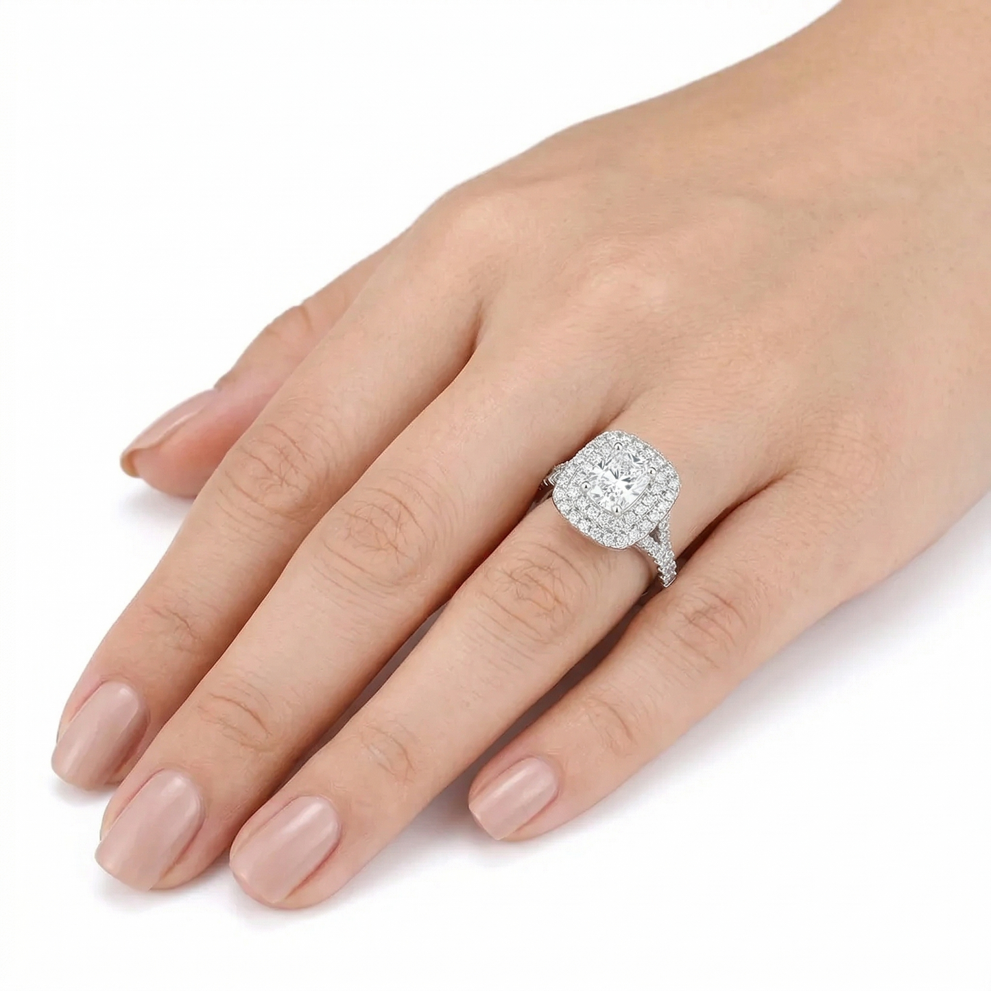 Platinum Plated Silver Moissanite Double Halo Ring 1ct Oval Cut