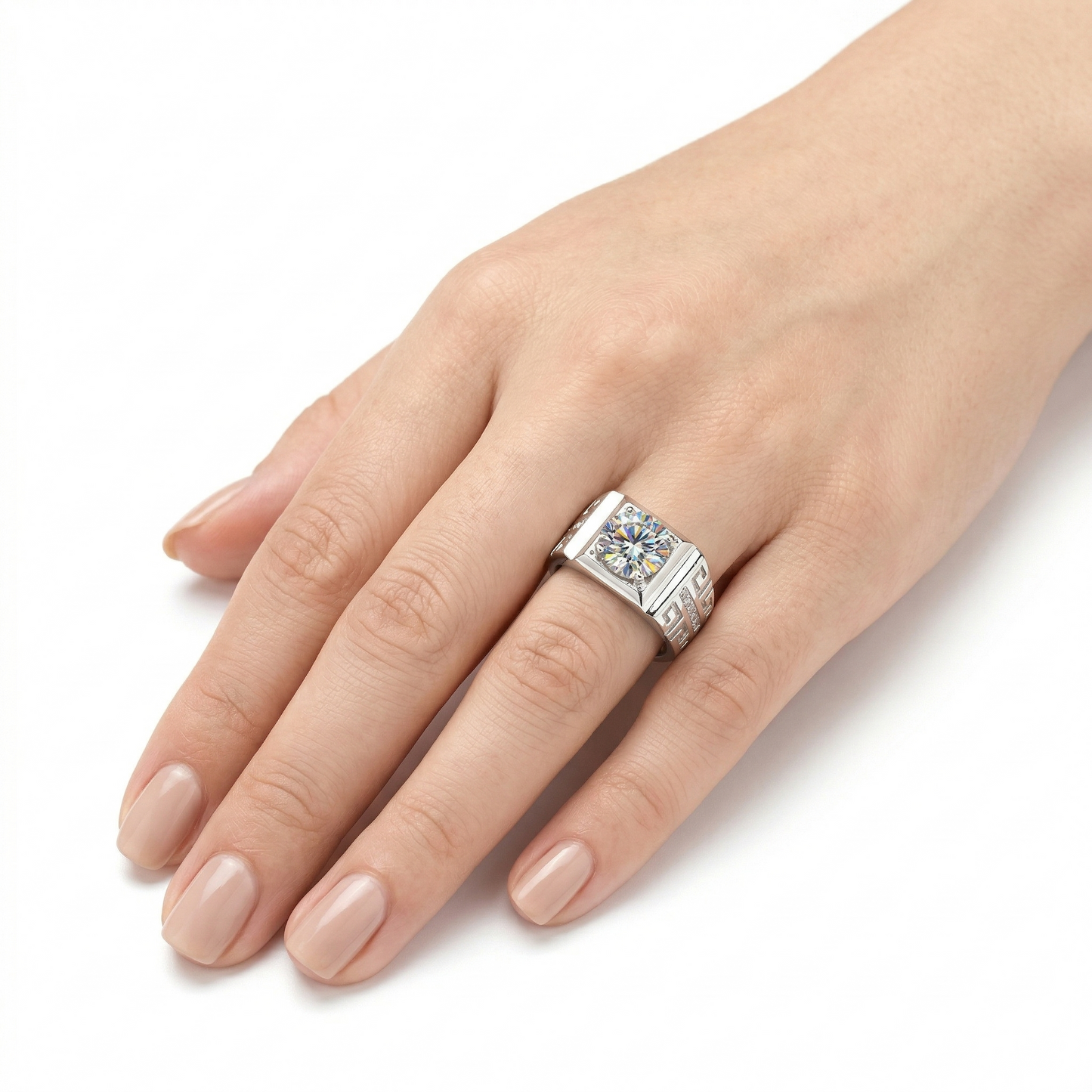 Platinum Plated Silver Wide Band Moissanite Ring 2ct / Silver Engagement Ring Simple