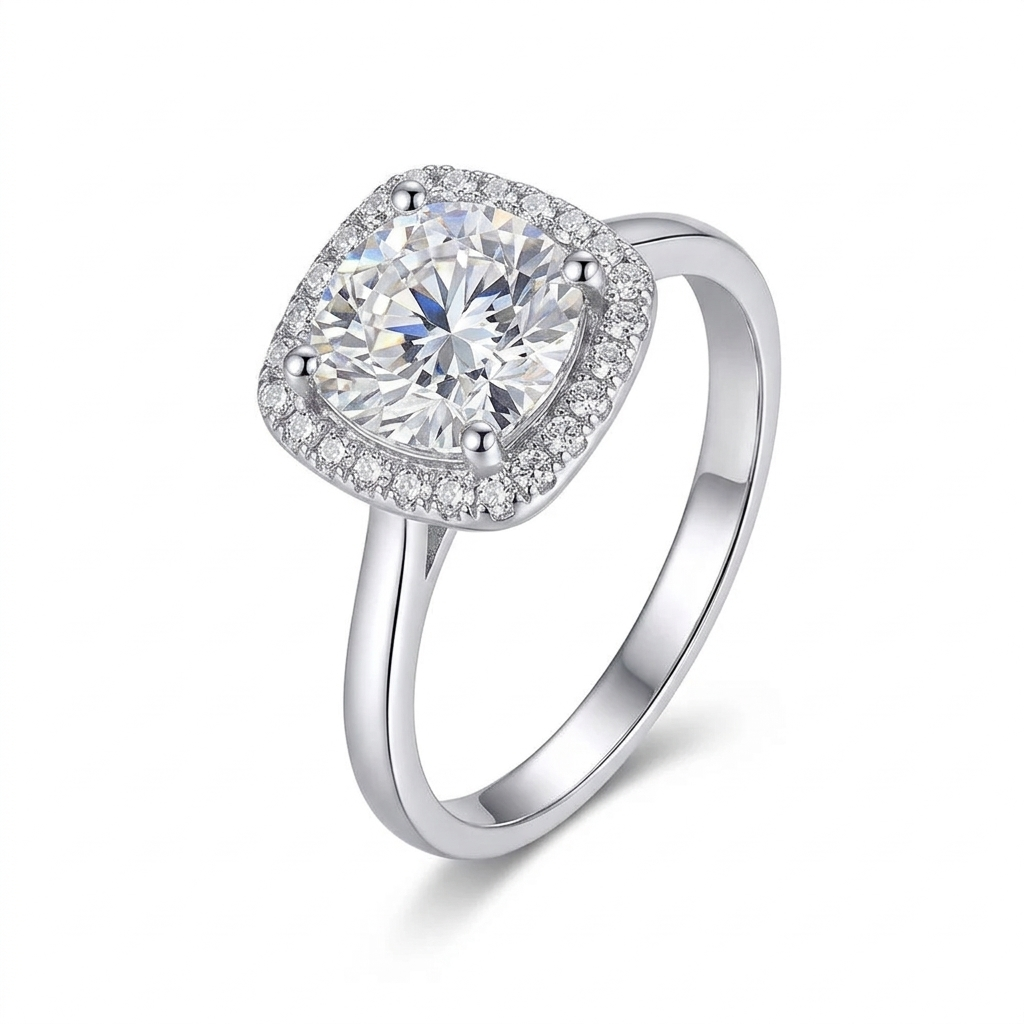 White Gold Plated Silver Halo Ring Moissanite 0.5ct - 3ct Options