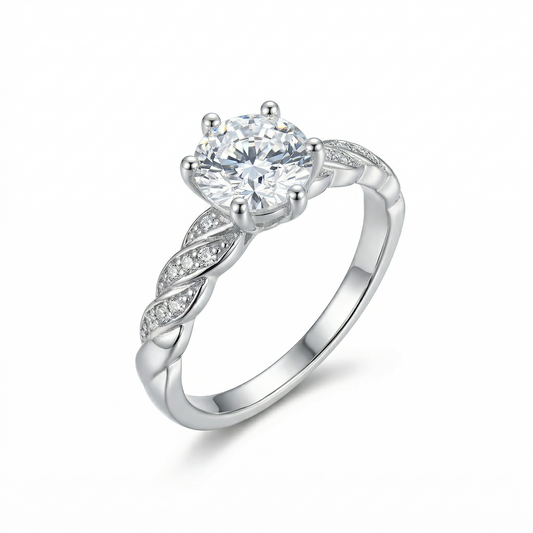 Stunning Engagement Ring - White Gold Plated Silver Moissanite Ring 1ct Center Stone