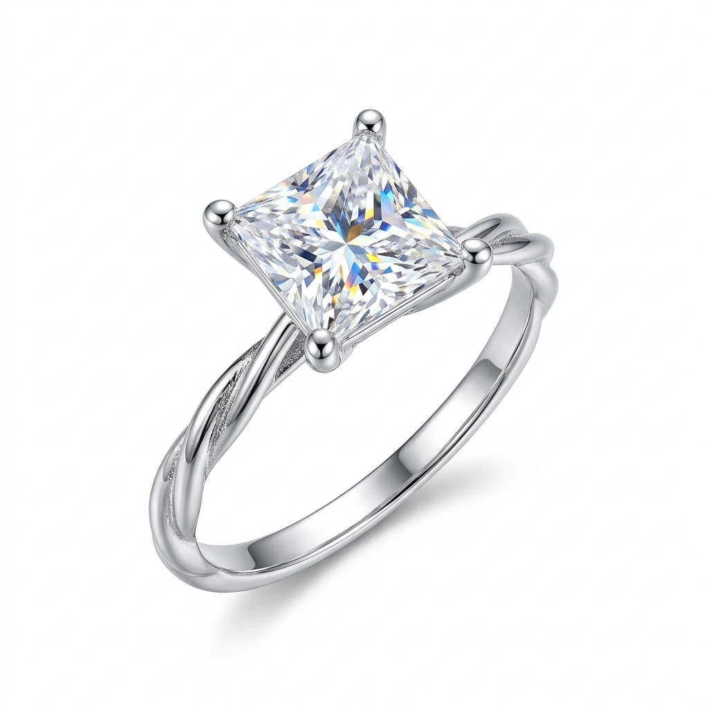 White Gold Plated Silver Princess Cut Moissanite Cute Engagement Ring 1ct