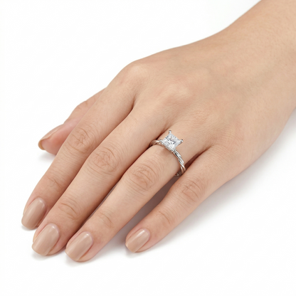 White Gold Plated Silver Princess Cut Moissanite Cute Engagement Ring 1ct