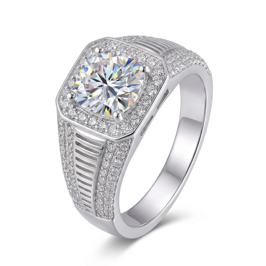 White Gold Plated Silver Wide Band Halo Moissanite Beautiful Engagement Rings for Her 2ct