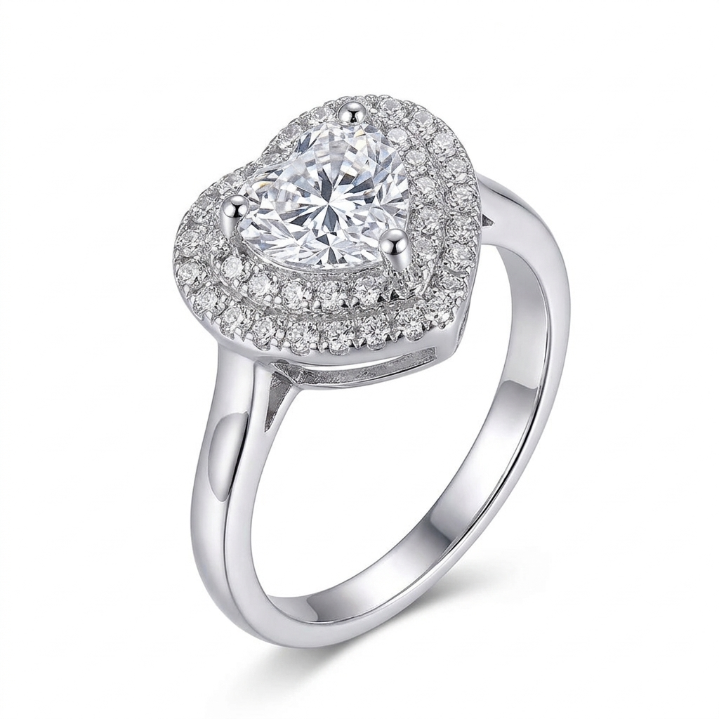 White Gold Plated Silver Heart Cut Double Halo Moissanite Ring / Heart Halo Ring 1ct