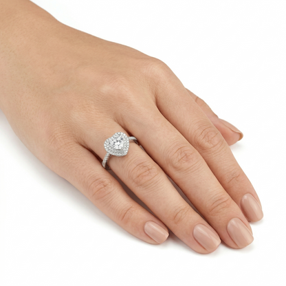 White Gold Plated Silver Heart Cut Double Halo Moissanite Ring / Heart Halo Ring 1ct