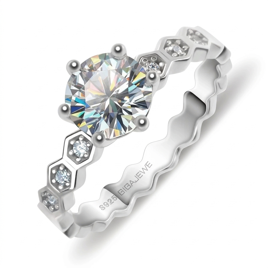 White Gold Plated Moissanite Ring 1ct Center Stone / Unique Style Engagement Rings