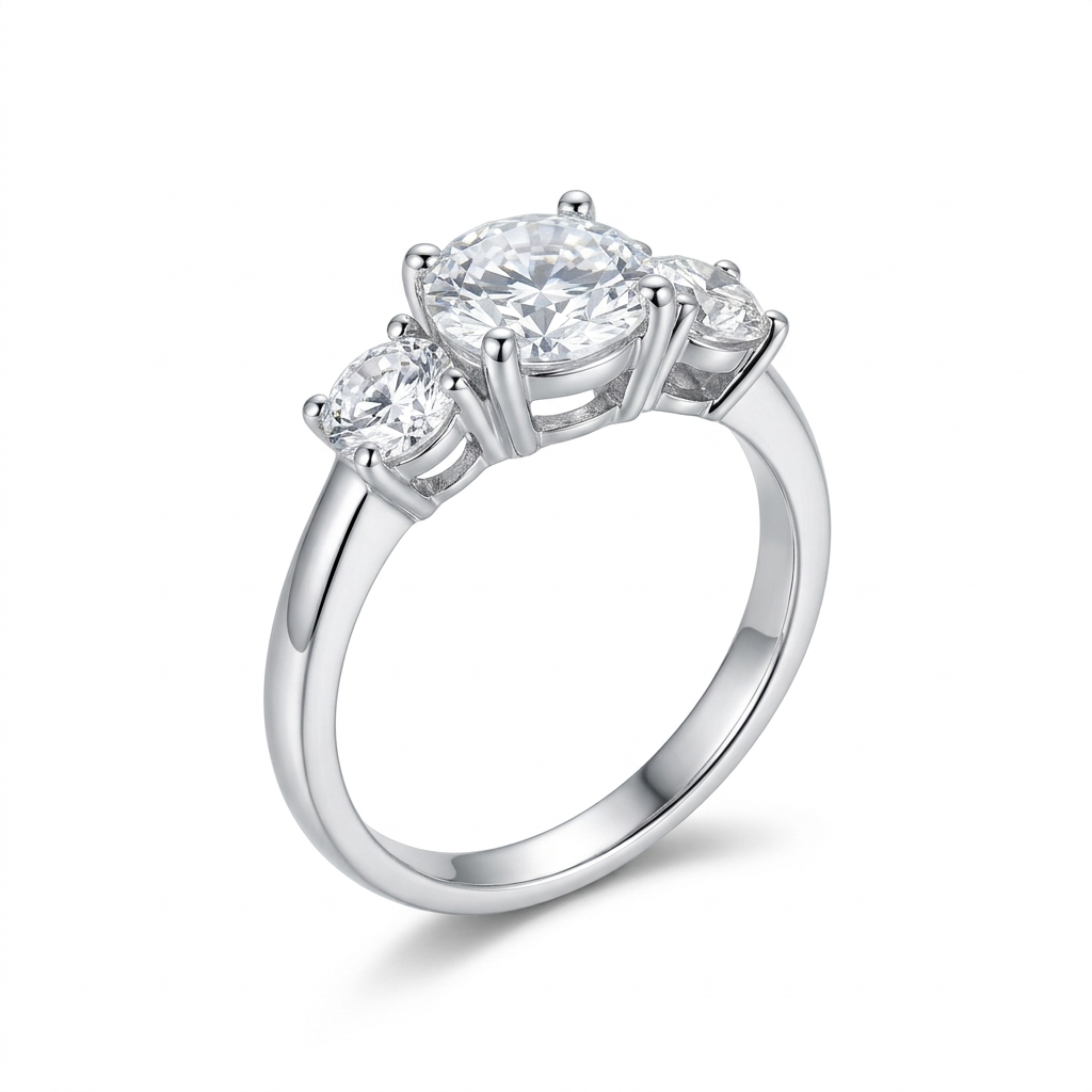 Platinum Plated Silver 3 Stone Moissanite Ring 2ct Total