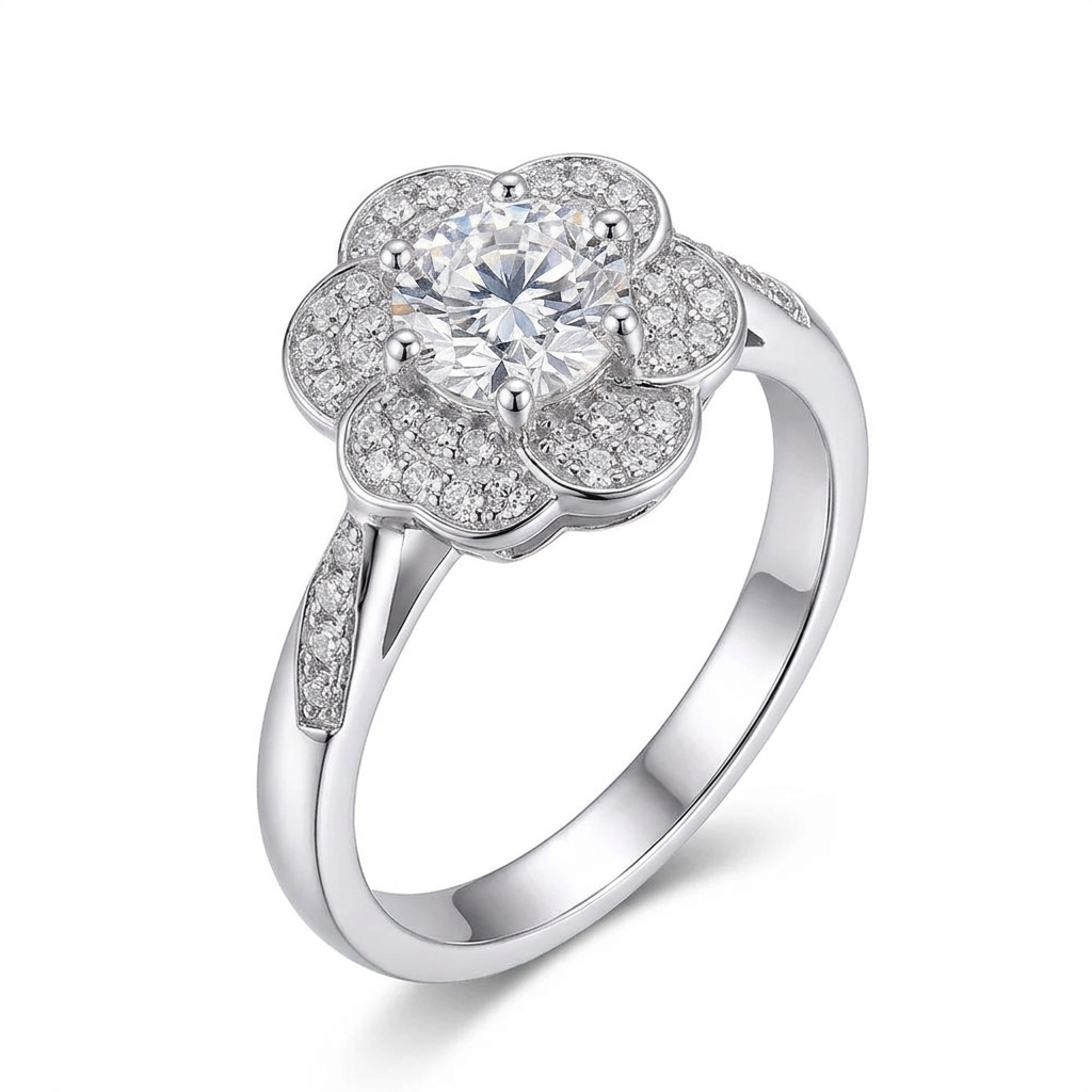 Platinum Plated Silver Flower Halo Moissanite Ring 0.5ct