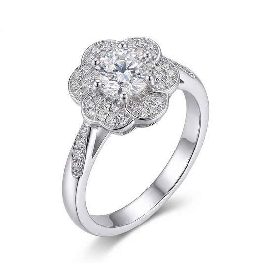 Platinum Plated Silver Flower Halo Moissanite Ring 0.5ct