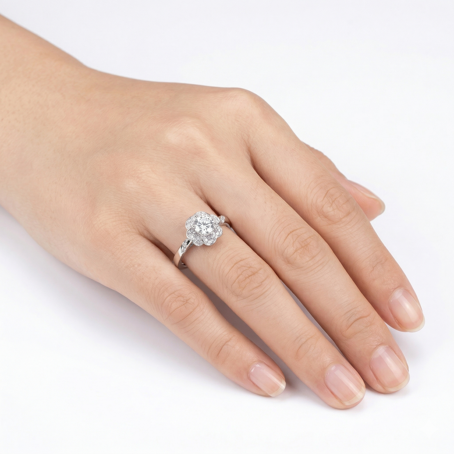 Platinum Plated Silver Flower Halo Moissanite Ring 0.5ct