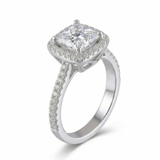 Platinum Plated Silver Princess Cut Halo Moissanite Ring 1ct Total