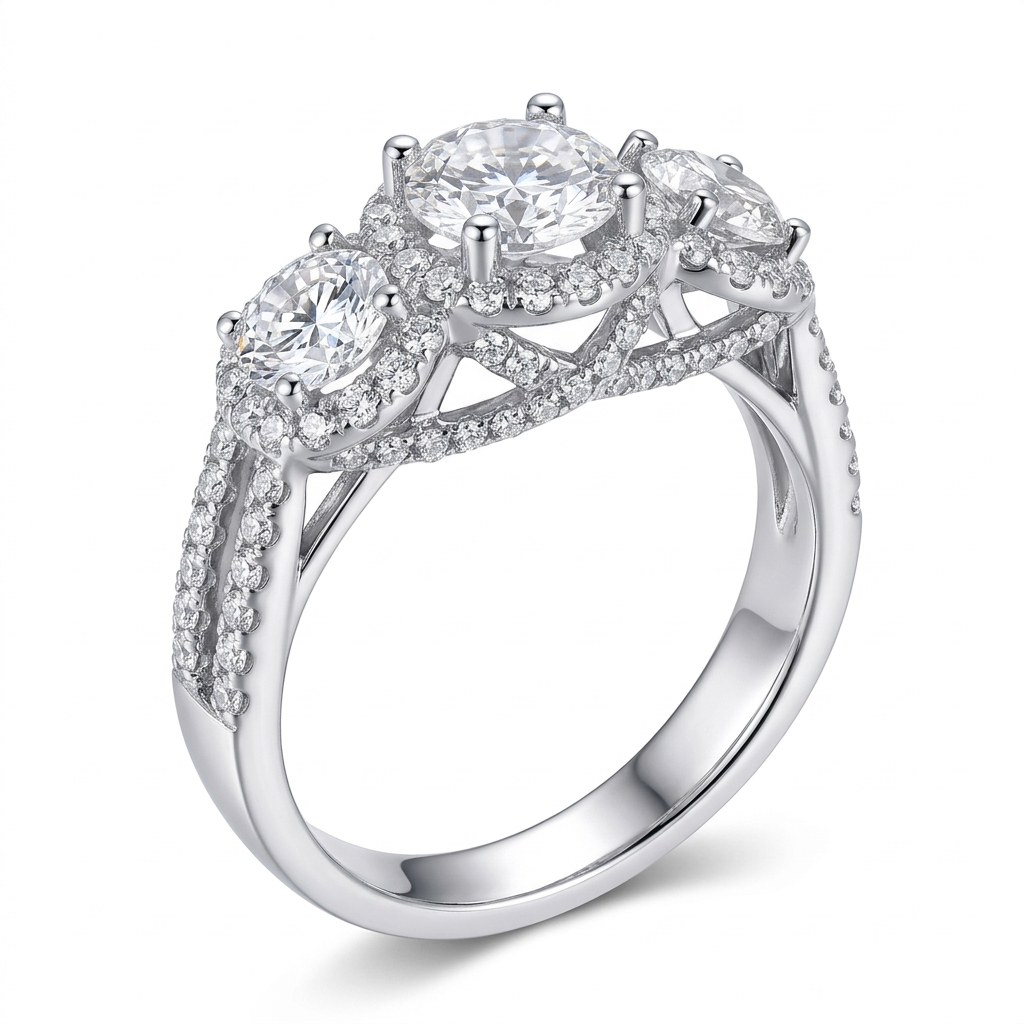 14k White Gold 3 Stone Moissanite Best Engagement Ring Cut 0.72ct Total